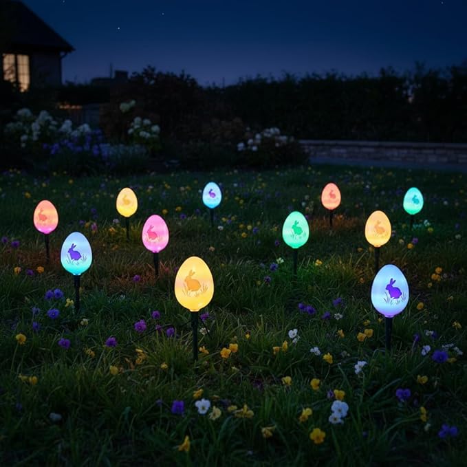 Solar Easter Egg Lights Outdoor Decorations 8 Modes Waterproof Garden Path Lights for Yard Decoration with 10 Eggs