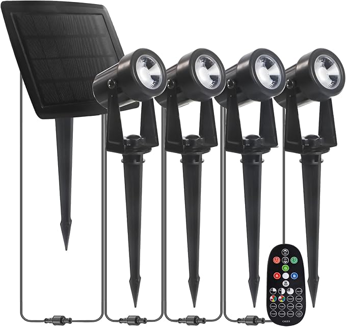 Solar Powered Landscape Spotlights, 4-Pack with Remote Control, Black, IP65 Waterproof, 270° Adjustable Head, RGBW, 150LM, 3000K, Outdoor Garden Path Lights with 3W Solar Panel