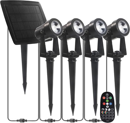 Solar Powered Landscape Spotlights, 4-Pack with Remote Control, Black, IP65 Waterproof, 270° Adjustable Head, RGBW, 150LM, 3000K, Outdoor Garden Path Lights with 3W Solar Panel