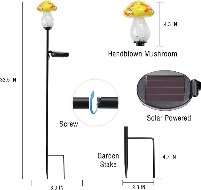 Bshine Mushroom Solar Outdoor Lights, 2 Pack Mushroom Lamp Handmade Blown Glass Waterproof Metal Stakes Decoration Garden, Outdoor Yard Art Decoration Pathway, Lawn Ornaments, Gift for Mom