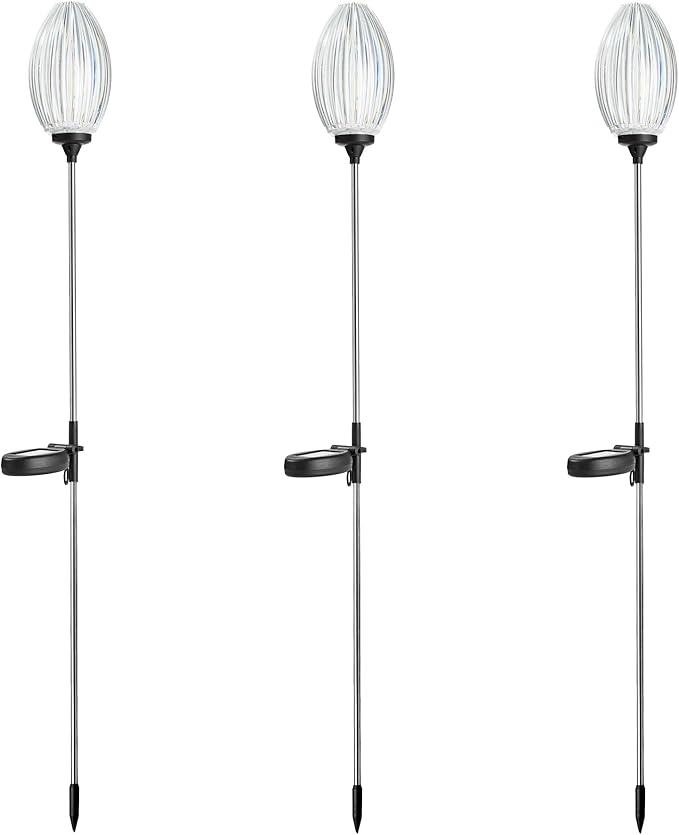 Glitzhome Solar Lights Outdoor 3 Pack Solar Oval Flower Stake Lights with Stainless Steel Pole for Garden Deck Patio Landscape Decorating