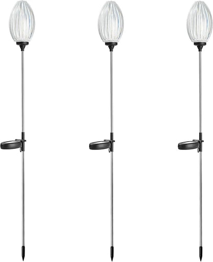 Glitzhome Solar Lights Outdoor 3 Pack Solar Oval Flower Stake Lights with Stainless Steel Pole for Garden Deck Patio Landscape Decorating