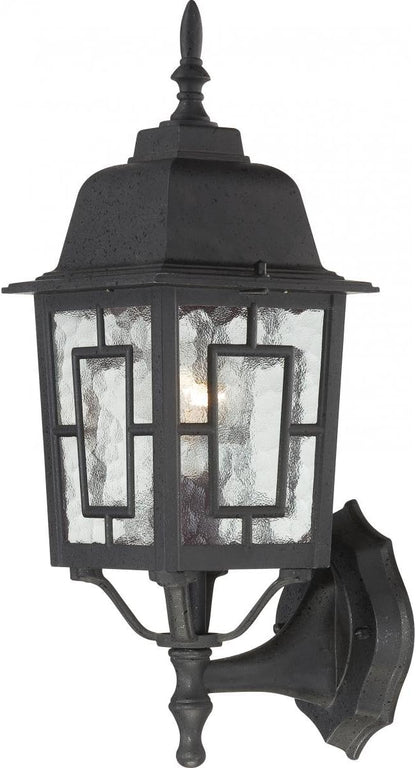 Nuvo Lighting 60/4926 Banyon One Light Wall Lantern/Arm Up 100 Watt A19 Max. Clear Water Glass Textured Black Outdoor Fixture