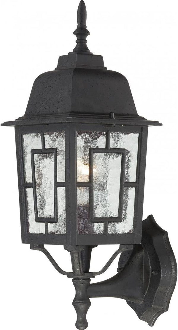 Nuvo Lighting 60/4926 Banyon One Light Wall Lantern/Arm Up 100 Watt A19 Max. Clear Water Glass Textured Black | Lumora