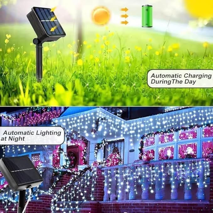 Solar LED Icicle String Lights, 160 LED, 8 Lighting Modes, Waterproof Outdoor Christmas Fairy Lights for Yard Garden Decoration, Pack of 1
