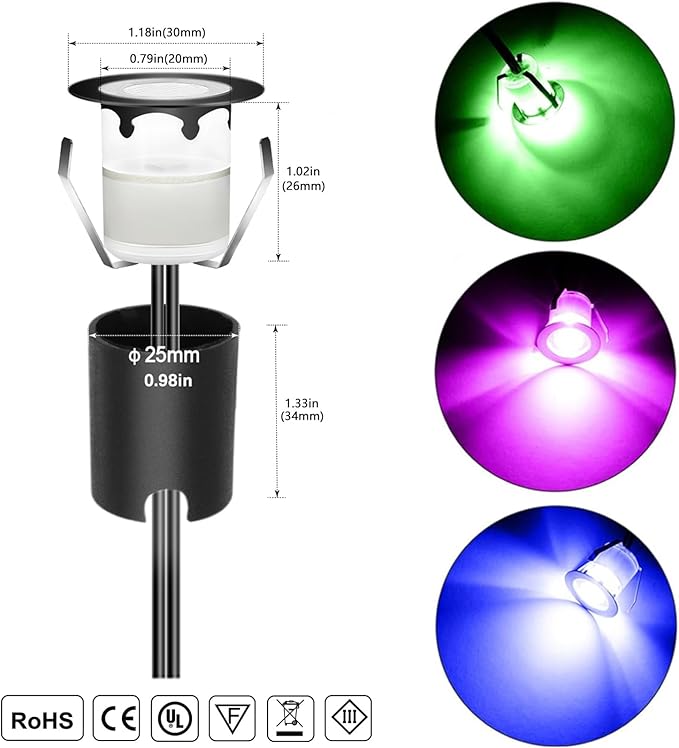 RNEHON LED Outdoor Deck Lights with Protecting Shell, Φ1.18in RGB 10 Pack, IP67 Waterproof Recessed Stair Step | Lumora