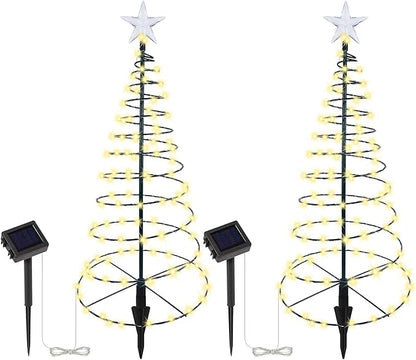 Dynaming 2 Pack 26" Solar Spiral Trees with Warm White Lights, Light Up Xmas Metal Pathway Markers, Gift for Mom, Auto On/Off & Waterproof Lights for Outdoor Winter Patio Yard Walkway Driveway