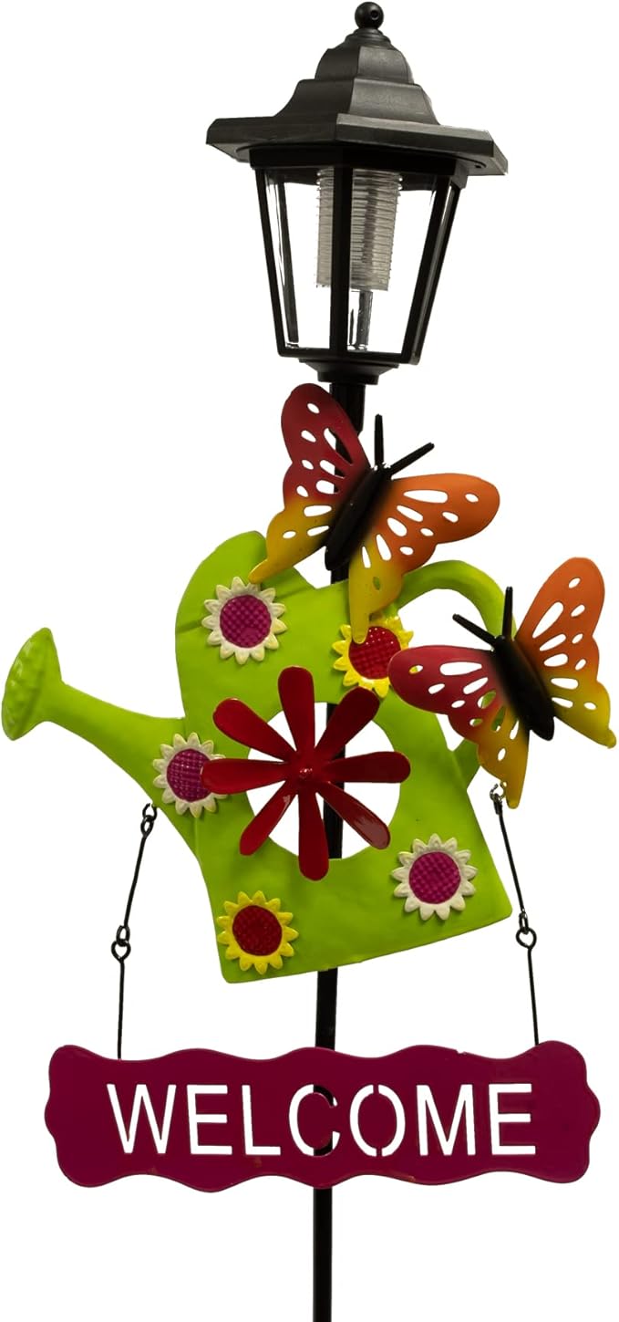 Crosslight Solar LED Watering Can Welcome Sign - Weatherproof Garden Stake Light for Outdoor Decoration - Decor for Yard, Lawn, Patio, Pathway, Backyard | Warm White