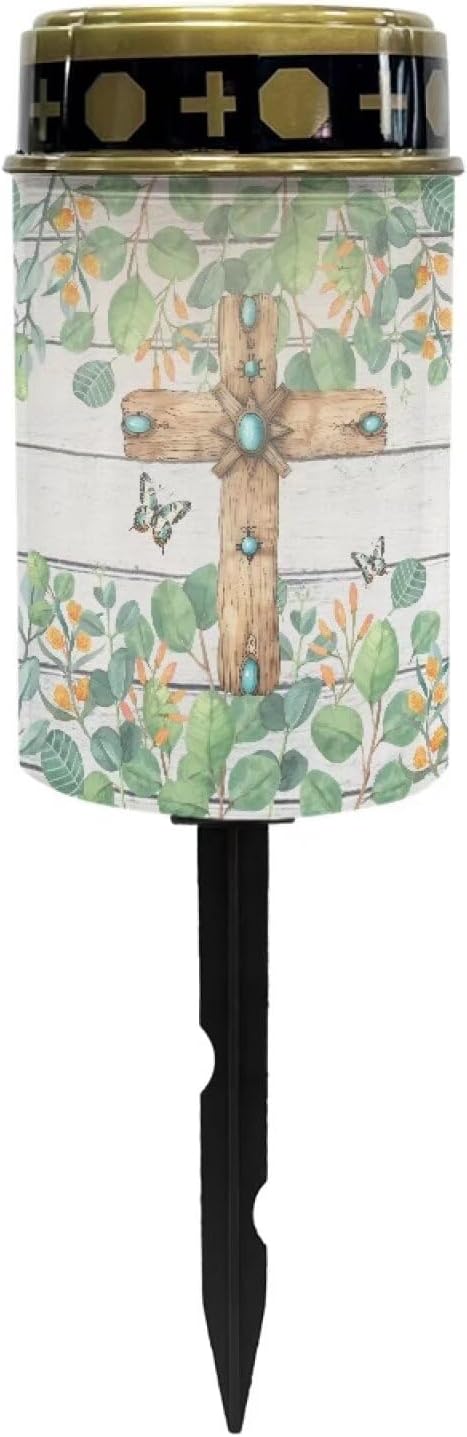 Cross Leaf Solar Lights for Grave Solar Led Lights for Outside Waterproof Landscape Lights Cross Candle Holder for Cemetery Prayer Signs Solar Light Grave Garden Lawn Patio Yard Decor