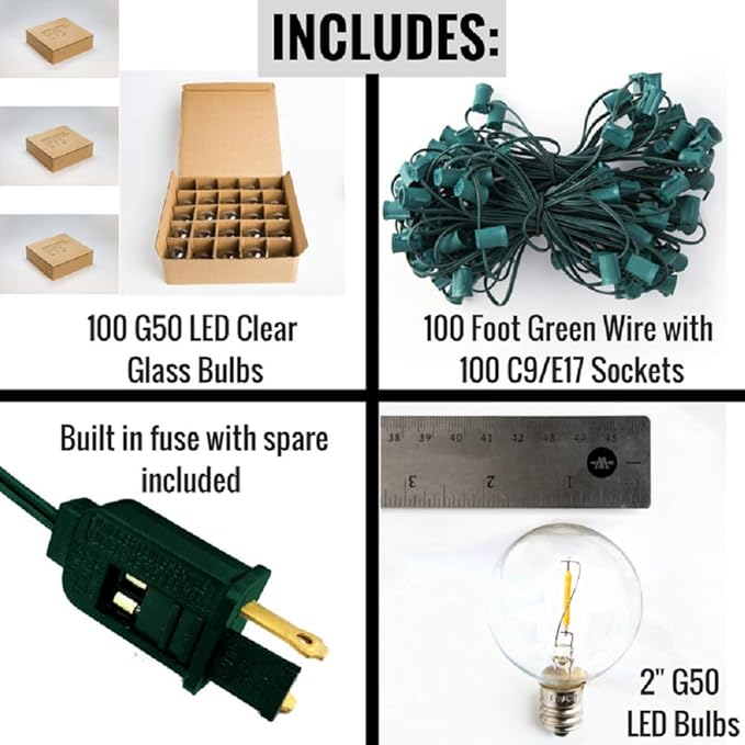 Hometown Evolution, Inc. G50 2" LED Filament Outdoor Patio String Lights with 0.6 Watt Light Bulbs (G50 LED - Green Wire, 100 ft)