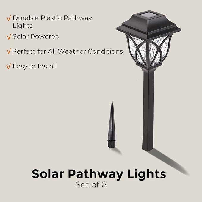 LAUREL CANYON 6 Pack Garden Solar Path Lights, Outdoor Solar Walkway Lights with LED Light Bulbs for Garden, Lawn, Pathway, Yard, Driveway Black