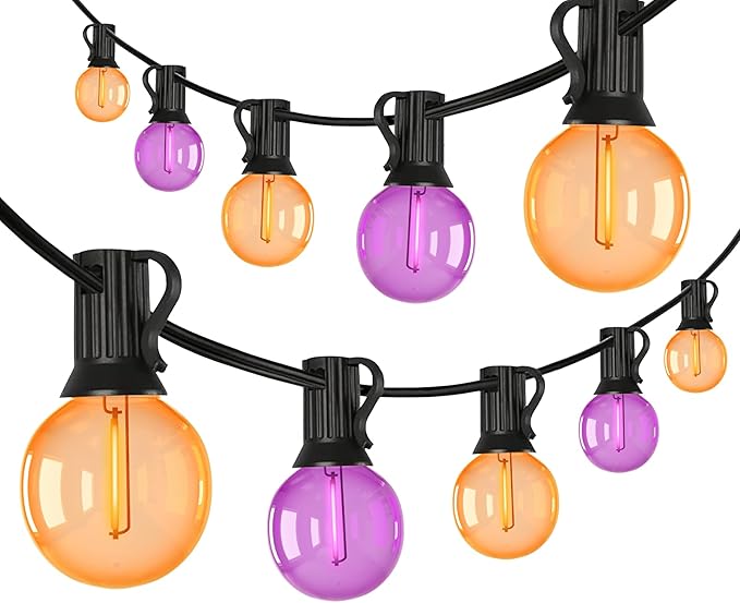 25FT Halloween String Lights Outdoor Plug-In, 25 G40 LED Bulbs & 2 Spare, E12 Base, 2700K Warm White, Shatterproof, Outdoor Halloween Decorations for Garden Patio Christmas, Clear Purple Orange