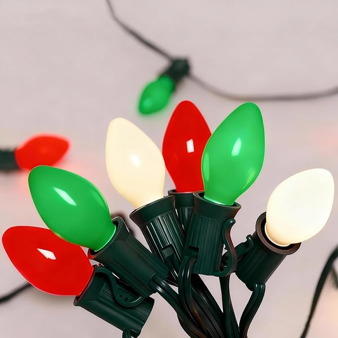 25Ft C7 LED Christmas Multicolor String Lights with 27 Red Green White LED Bulbs, Outdoor Hanging Vintage Christmas Lights Waterproof for Xmas Tree Roofline Wedding Party Holiday Decor-Red/Green/White