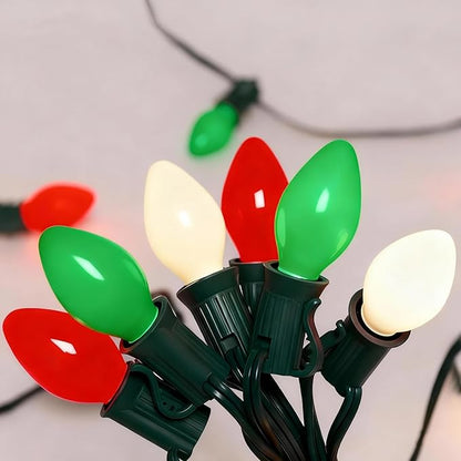 25Ft C7 LED Christmas Multicolor String Lights with 27 Red Green White LED Bulbs, Outdoor Hanging Vintage Christmas Lights Waterproof for Xmas Tree Roofline Wedding Party Holiday Decor-Red/Green/White
