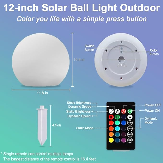 12-in Solar Garden Globe Light Outdoor, Solar Glowing Ball Light w/Remote, 16 RGB Color Changing Waterproof Large | Lumora