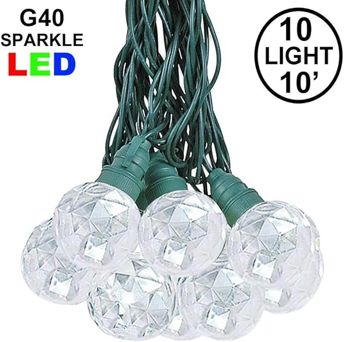 10 Foot LED G40 Sparkle Outdoor Patio String Lights with 10 Pure White Globe Bulbs – Market Bistro Café Hanging | Lumora