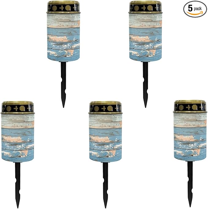 Blue Wood Grain Cemetery Lights - Solar-Powered, Waterproof, Flameless for Gravesite, Pathway, Landscape