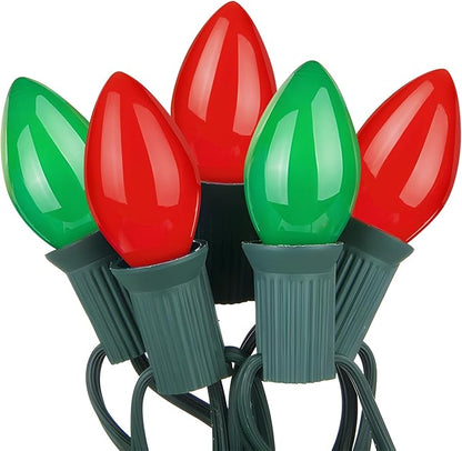Couah C7 Christmas String Lights, 25FT Vintage Ceramic Christmas String Light Set 27 Red＆Green Bulb C7 Light(2 Spare) for Outdoor Holiday Party Wedding Decoration, Green Wire