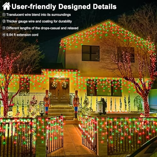 99ft Red and Green Christmas Lights, 1216 LED Icicle Lights for Outside, Clear Wire Twinkle Lights with 8 Modes Timer Waterproof for House Window Party Tree Holiday Patio Yard Home Decor