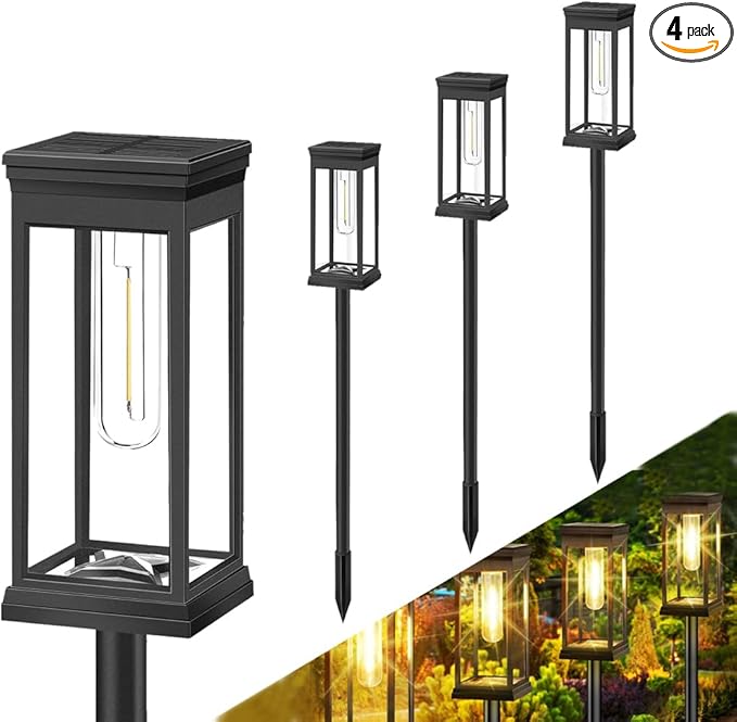 Solar Pathway Lights Outdoor, LED Garden Stake Light with Automatic Charging, Black ABS Plastic, 21.26 Inch Height, Warm White 3000-4000K, Ground Mount Landscape Lighting (Black Square, 4, Count)