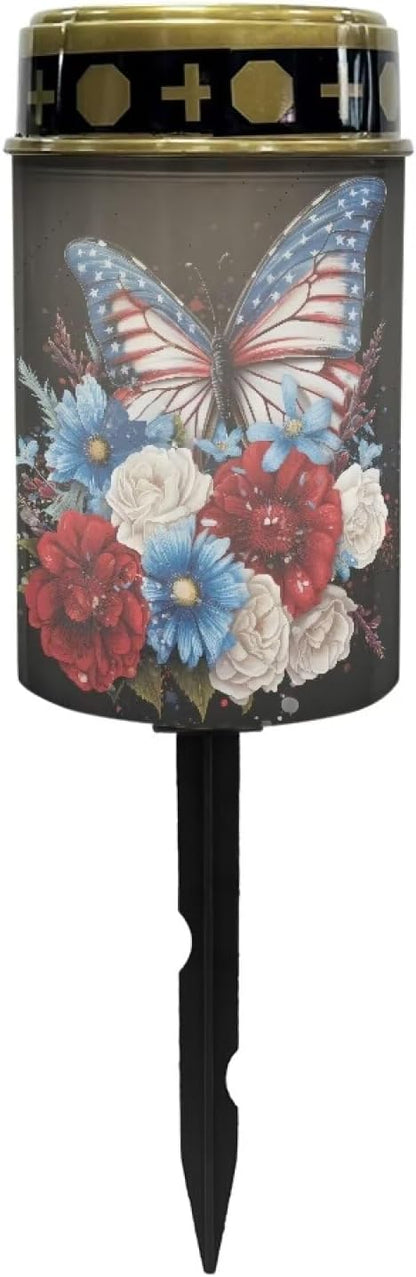American Butterfly Cemetery Solar Stake Lights Bright Solar Powered Lights Garden Solar Light Decorative Memorial Lights for Yard, Lawn, Patio, Pathway, Backyard Gravesite Decor
