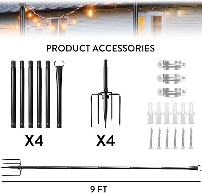 4-Pack 9.8FT String Light Poles, Outdoor Deck Light Stand with Adjustable Fence Brackets, Metal Hanging Pole for | Lumora