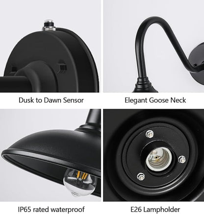 21 Inch Large Dusk to Dawn Outdoor Barn Light, Farmhouse Gooseneck Exterior Light Fixture Wall Mount, Vintage Black Outdoor Barn Light Fixtures,Gooseneck Light Fixtures for Garage