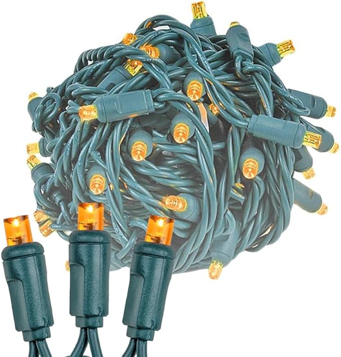 Novelty Lights 25ft 50 LED Amber Christmas Lights Outdoor/Indoor, 6" Spacing, Green Wire String Lights for Festive Xmas Lighting, IP55, UL Listed, Dimmable, Connectable