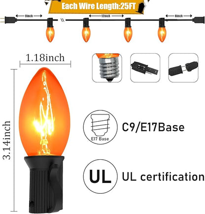 C9 Clear Orange Halloween Lights, 25FT Halloween C9 String Lights with 27 Clear Orange Bulbs, Hanging Decoration Lights for Outdoor Indoor Patio Home Party Garden Yard-Black Wire