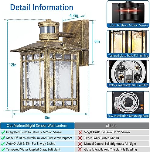 Bronze Outdoor Motion Sensor Lights - Dusk to Dawn Lighting Fixture for Outside House Exterior - Wall Mount Porch Lantern with Yard Front Motion Detector - Garage Patio Anti-Rust Light