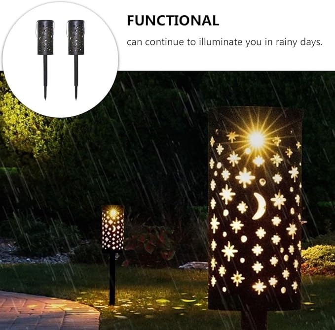 2pcs Solar Wrought Iron Lawn Plug Lamps Decorative Outdoor Projection Lights Star and Moon Pattern Solar Powered Garden Path Lights for Patio and Yard