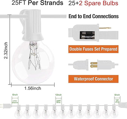 25Ft Outdoor Globe String Lights, G40 Edison String Lights with 27 Clear Bulbs, Waterproof Connectable Hanging String Lights for Indoor Outdoor Wedding Party Decoration, White Wire