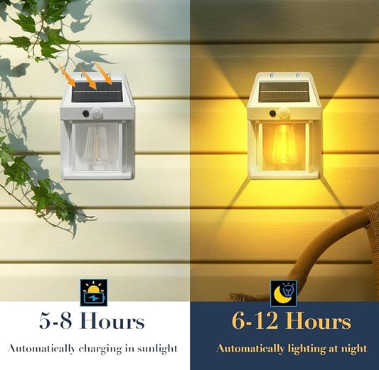 2-Pack 6.8" H Outdoor Solar Wall Light Motion Sensor Porch Flood Dawn Lighting 3 Lights Modes for Patio Garage Shed Barn Door Yard Outside Decorative Waterproot,- White.