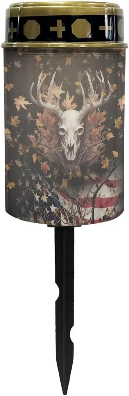 American Flag Deer Skull Solar Lights Outdoor Decor,Solar Powered Stakes Decorative Memorial Lights Garden Yard Lawn Pathway Grave Cemetery Decoration