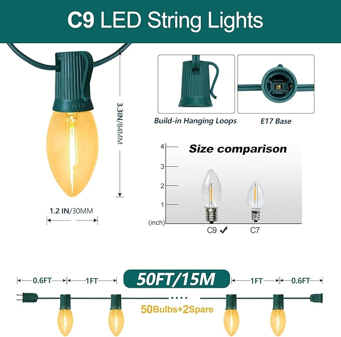 C9 Clear Christmas String Lights, 50FT 52 Bulbs Bright & Warm Outdoor Christmas Lights, Outdoor Indoor Xmas | Lumora
