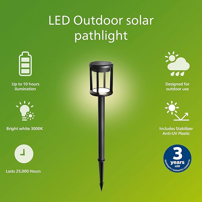 Philips LED Reina Outdoor Solar Pathlight, 1-Pack, Long-Lasting Solar Powered LED Light, Bright White Light, 3000K, 50 Lumens, Ground Spot, IP44, Black