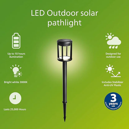 Philips LED Reina Outdoor Solar Pathlight, 1-Pack, Long-Lasting Solar Powered LED Light, Bright White Light, 3000K, 50 Lumens, Ground Spot, IP44, Black