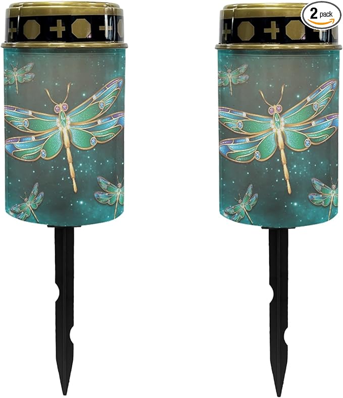 Dragonfly Green Galaxy Outdoor Solar Garden Lights Waterproof Pathway Lights Stake Lights Outdoor Decorations for Patio/Yard/Driveway Walkway Lights Flameless Outdoor Table Lamp