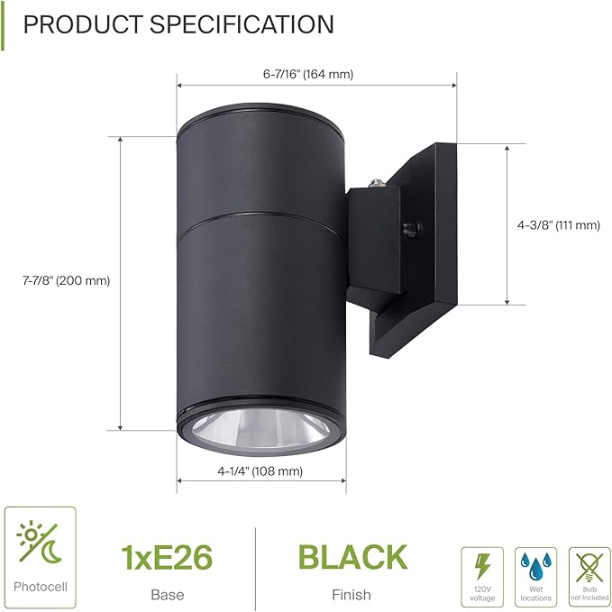 ASD 1 Light Dusk to Dawn Outdoor Wall Light Fixture | 60W E26 Bulb Socket 120V ETL Cylinder Up Down Lights | | Lumora