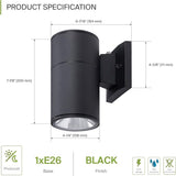 ASD 1 Light Dusk to Dawn Outdoor Wall Light Fixture | 60W E26 Bulb Socket 120V ETL Cylinder Up Down Lights | | Lumora
