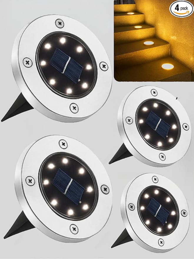JT Morolux Solar Ground Lights, LED Disk Lights, White, Waterproof Outdoor Path Lights for Garden, Lawn, Walkway, Driveway(Warm White, 4)