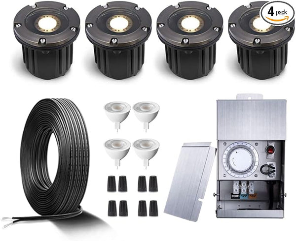 Gardenreet Brass Low Voltage Well Lights Kit(4 Pack) with 75W Transformer & MR16 Bulb & 100FT Wire & Connectors | Lumora