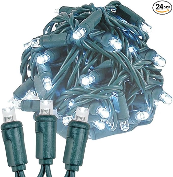 Novelty Lights 24-Pack, 25 Feet 50 LED Pure White Christmas Mini Light String on Green Wire, 5mm Wide Angle Bulbs, Connectable, Indoor/Outdoor Decor, UL Listed
