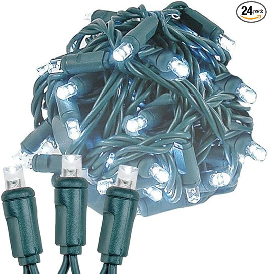 Novelty Lights 24-Pack, 25 Feet 50 LED Pure White Christmas Mini Light String on Green Wire, 5mm Wide Angle Bulbs, Connectable, Indoor/Outdoor Decor, UL Listed