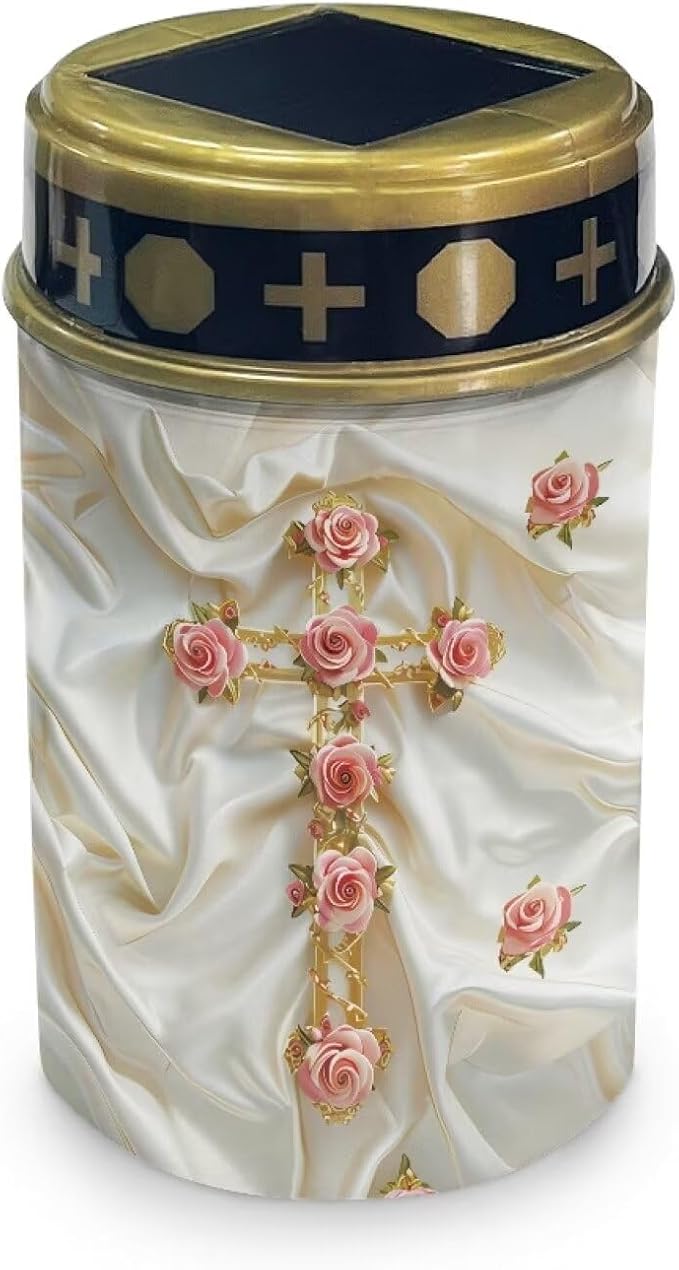 Cross Solar Pathway Lights Pink Rose Cemetery Solar Lights with White Silk Landscape Path Lights LED Solar Power Cemetery Decorations for Grave Outdoor Lights