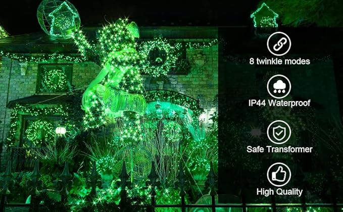 kemooie 300 LED Green St. Patrick's Day Lights, 99 FT 8 Twinkle Modes Connectable Plug in Green Wire String Lights, Waterproof Christmas Lights for Party Irish St Patrick's Day Xmas Decorations