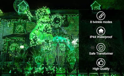 kemooie 300 LED Green St. Patrick's Day Lights, 99 FT 8 Twinkle Modes Connectable Plug in Green Wire String Lights, Waterproof Christmas Lights for Party Irish St Patrick's Day Xmas Decorations
