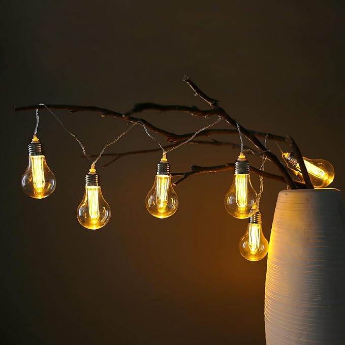 Battery Operated Edison Lights Outdoor String with Timer, 6.56 Ft String of 10 A19 Edison Bulbs, Short Battery Powered Waterproof Plastic String Lights for Hanging Patio Garden (White Cord)