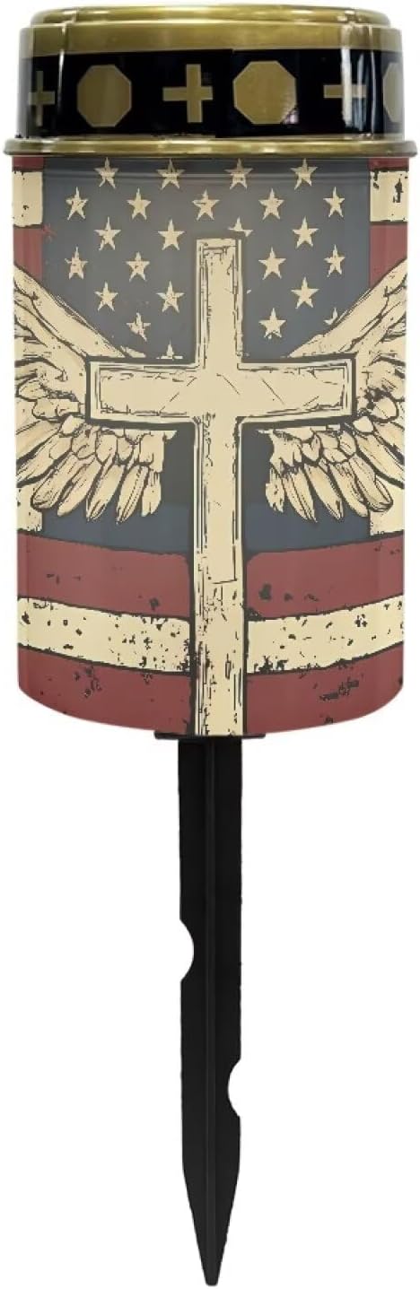 Solar Garden Lights for Cemetery, Cross American Flag Eternal Lights for Cemetery Grave Decorations