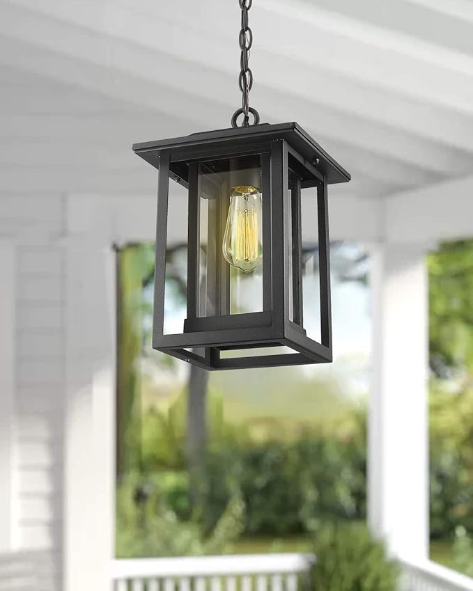 Beionxii Outdoor Pendant Light for Porch, Large Exterior Hanging Lantern Outside Chandelier Black Cast Aluminum w/Clear Glass (13.5" x 9") - A197H-1PK